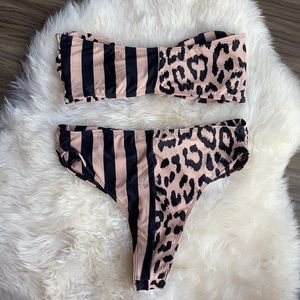 Strapless Leopard & Stripe High Waisted Bikini